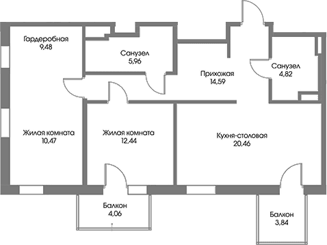 Планировка: Евротрёшка 78,2 м² в ЖК «Рощино Резиденс»