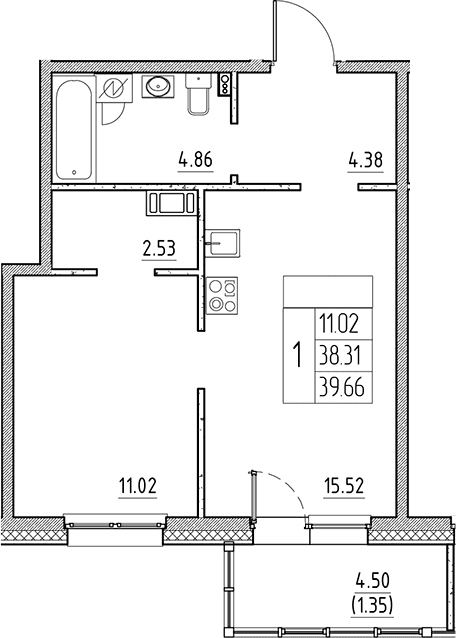Планировка: Евродвушка 38,3 м² в ЖК «Сезоны»