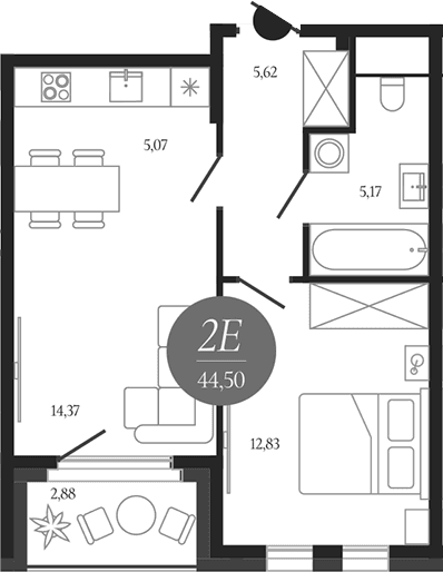 Планировка: Евродвушка 43,1 м² в ЖК «Сердце Лыткарино»