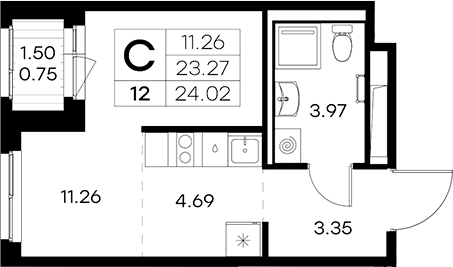 Планировка: Студия 23,3 м² в ЖК «Новоселье»
