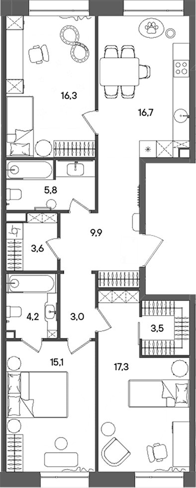 Планировка: Квартира евро-4 95,4 м² в ЖК «СТОУН Райз»