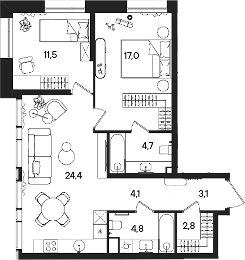 Планировка: Евротрёшка 72,4 м² в ЖК «СТОУН Райз»