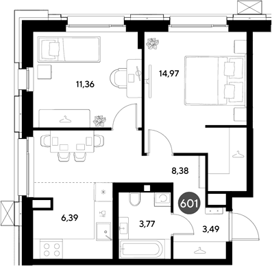 Планировка: 2-комнатная квартира 48,4 м² в ЖК «ЭВО»