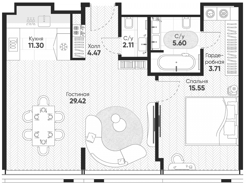 Планировка: Евродвушка 71,3 м² в ЖК «Арбат 2»