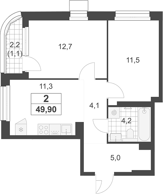 Планировка: 2-комнатная квартира 48,8 м² в ЖК «Южные сады»