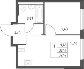 Планировка: 1-комнатная квартира 32,1 м² в ЖК «Большое Юрлово»