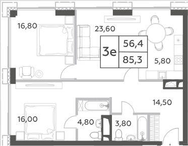 Планировка: Евротрёшка 85,3 м² в ЖК «Will Towers»
