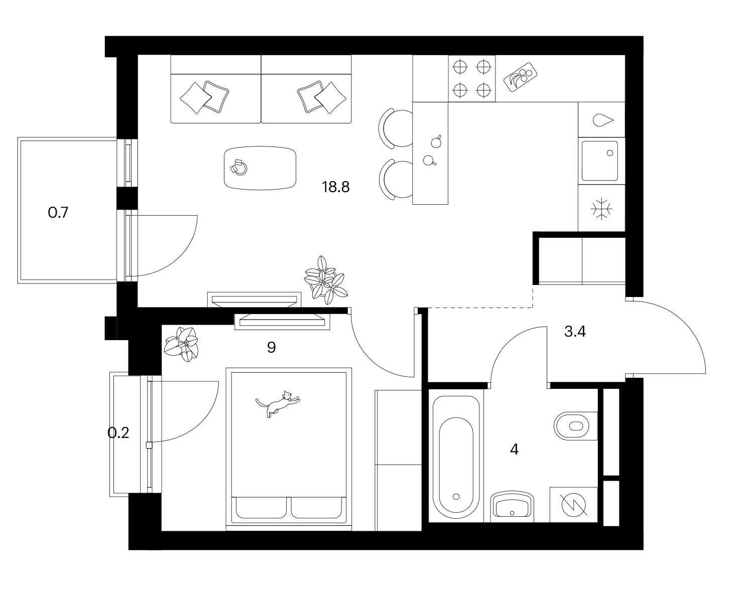 Планировка: 1-комнатная квартира 35,2 м² в ЖК «Белая Дача парк»