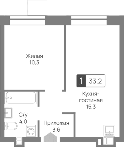 Планировка: Евродвушка 33,2 м² в ЖК «Лесная Отрада»