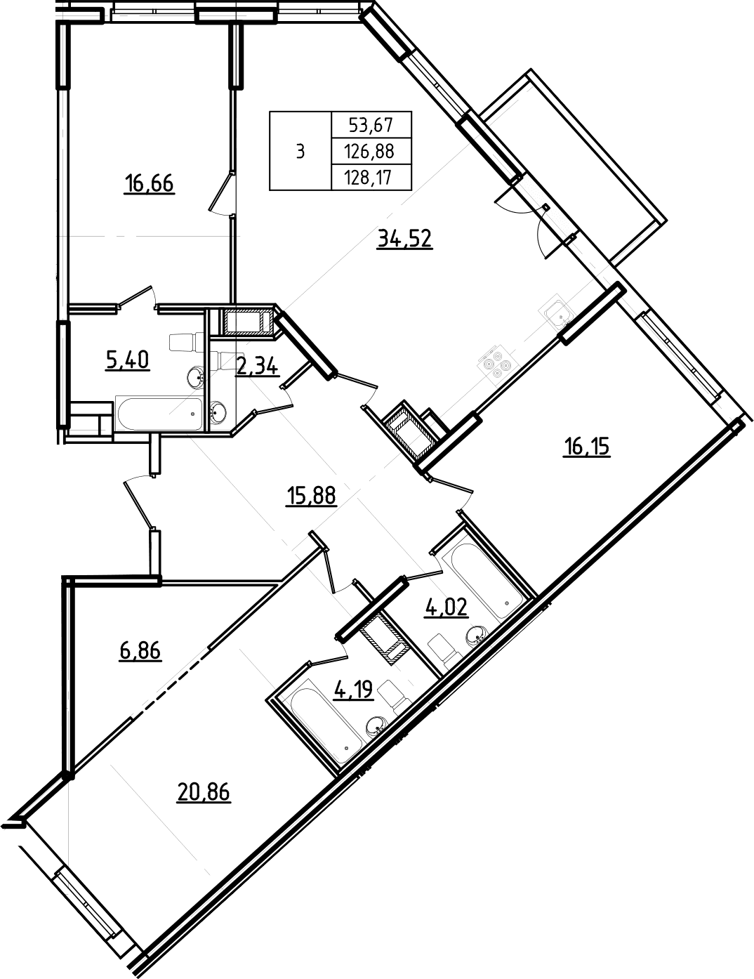 Планировка: Квартира евро-4 126,9 м² в ЖК «Гавань Капитанов»