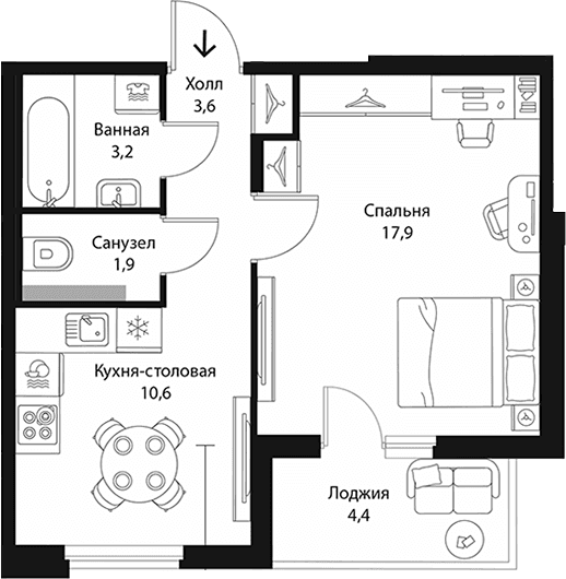 Планировка: 1-комнатная квартира 37,2 м² в ЖК «Экография»