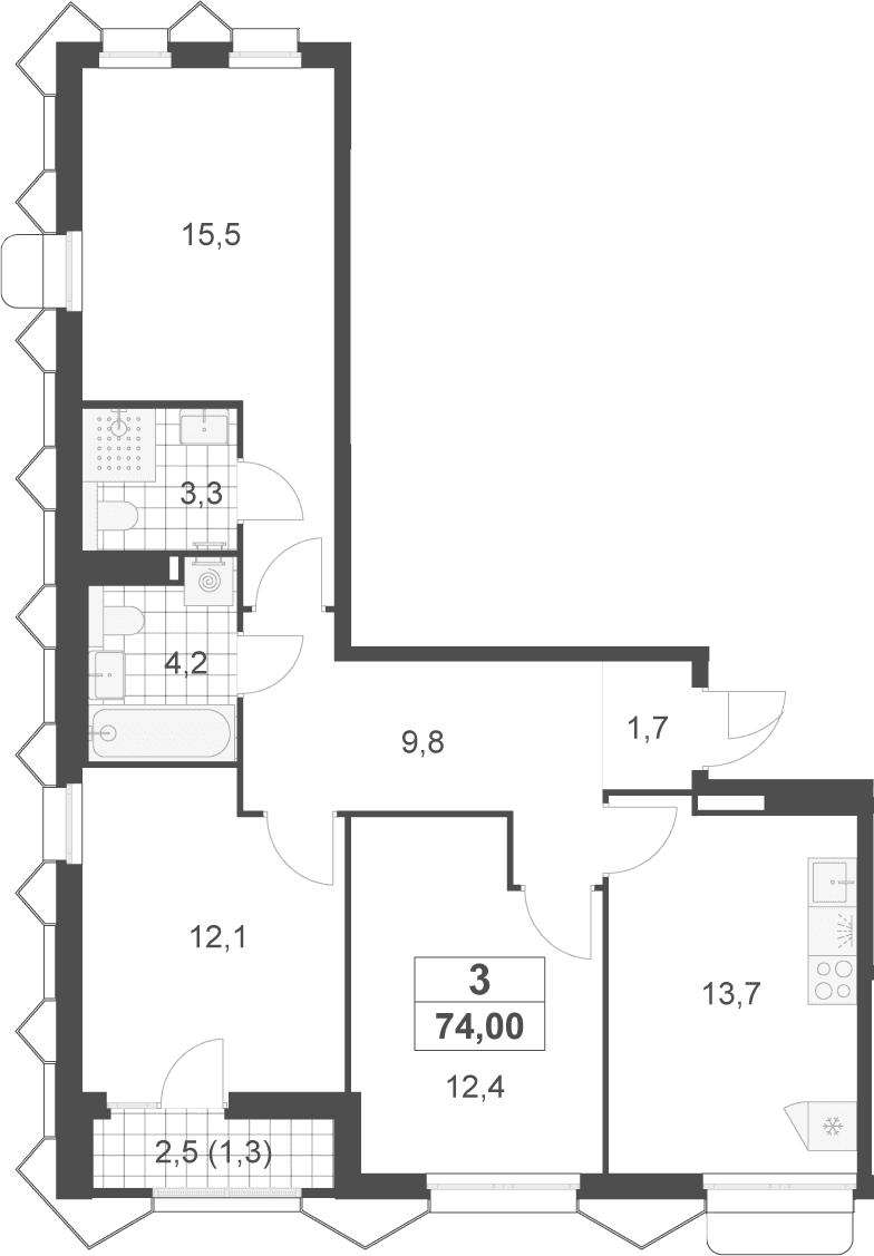 Планировка: 3-комнатная квартира 72,7 м² в ЖК «Деснаречье»