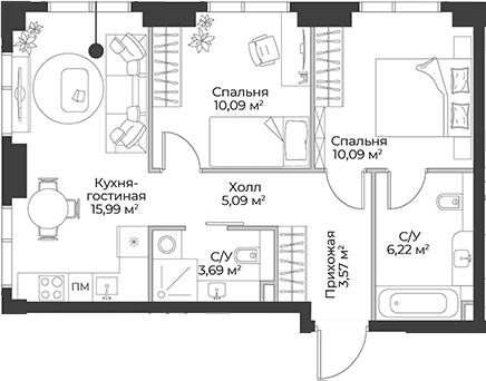 Планировка: Евротрёшка 54,7 м² в ЖК «Гранд Фили»