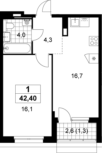 Планировка: Евродвушка 41,1 м² в ЖК «Деснаречье»