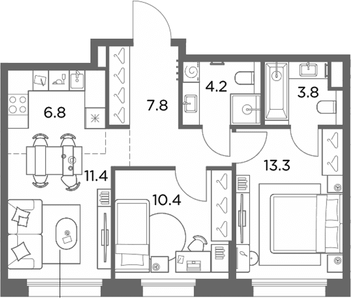 Планировка: Евротрёшка 57,7 м² в ЖК «Станиславский»