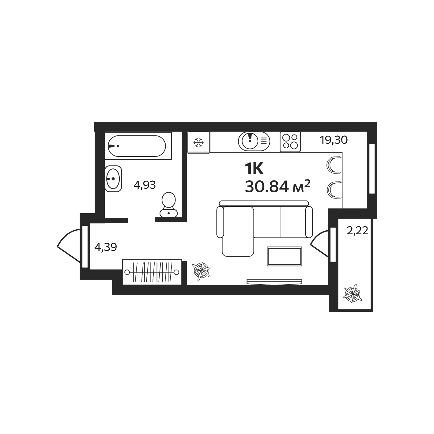 Планировка: Студия 28,6 м² в ЖК «Эдельвейс. Янино»
