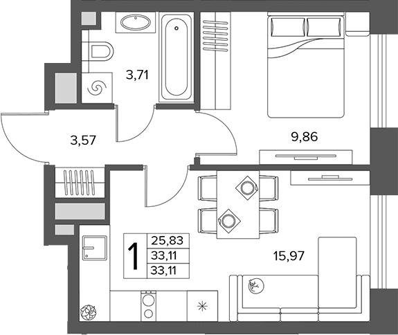 Планировка: 1-комнатная квартира 33,1 м² в ЖК «Городской бор»