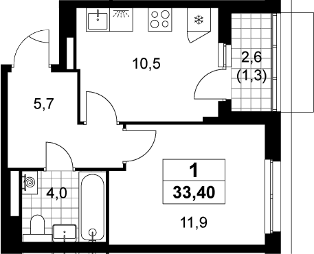 Планировка: 1-комнатная квартира 32,1 м² в ЖК «Деснаречье»