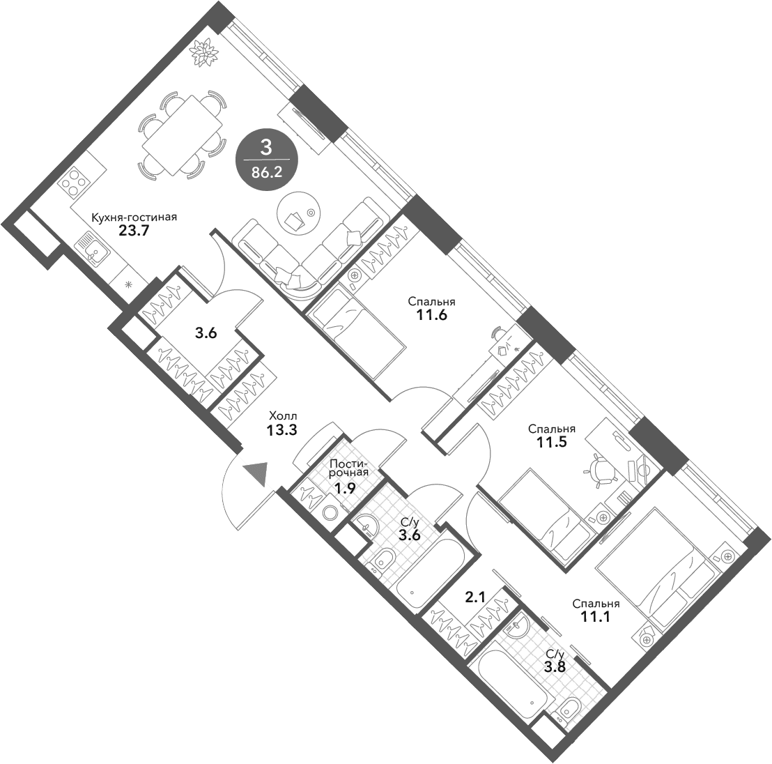 Планировка: Квартира евро-4 86,2 м² в ЖК «Воксхолл»