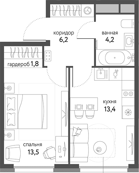 Планировка: 1-комнатная квартира 39,1 м² в ЖК «Сиреневый парк»
