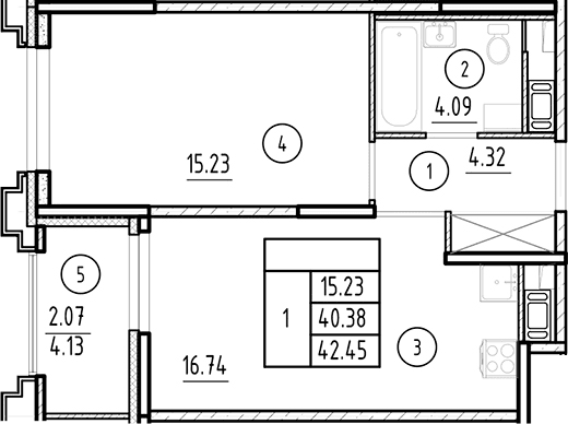 Планировка: Евродвушка 40,4 м² в ЖК «Ассамблея»
