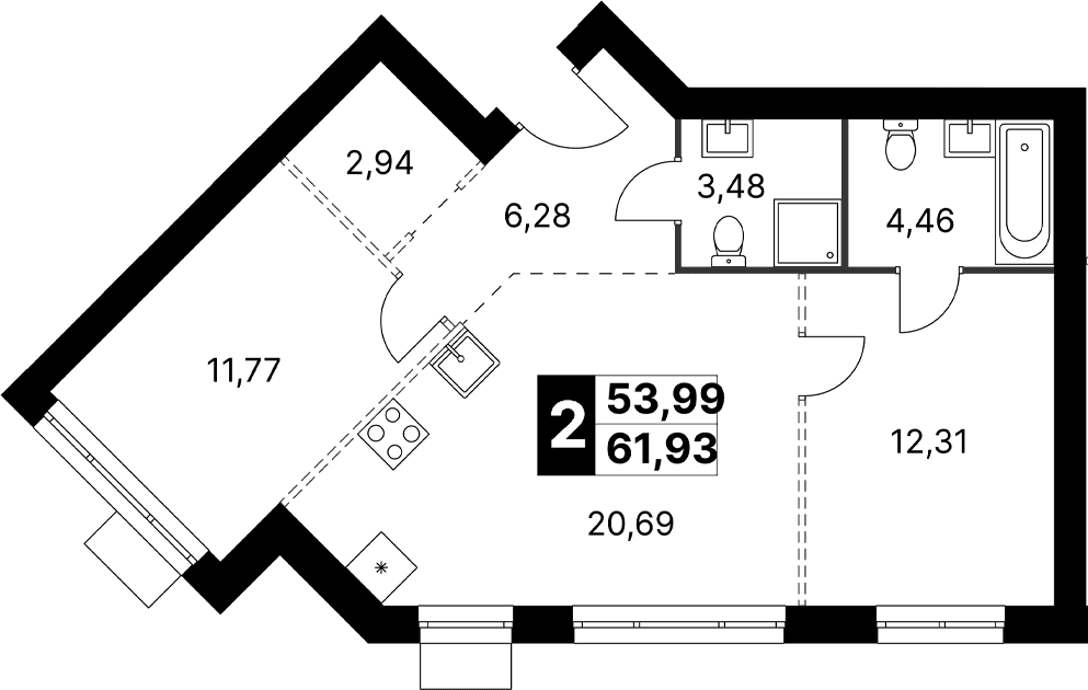 Планировка: Евротрёшка 61,9 м² в ЖК «Апрелевка Клаб»