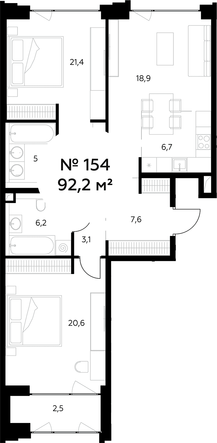 Планировка: Евротрёшка 89,7 м² в ЖК «Монблан»