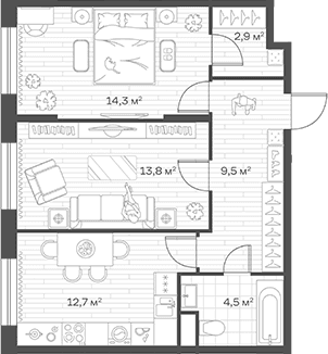Планировка: 2-комнатная квартира 57,7 м² в ЖК «Аристов Берег»