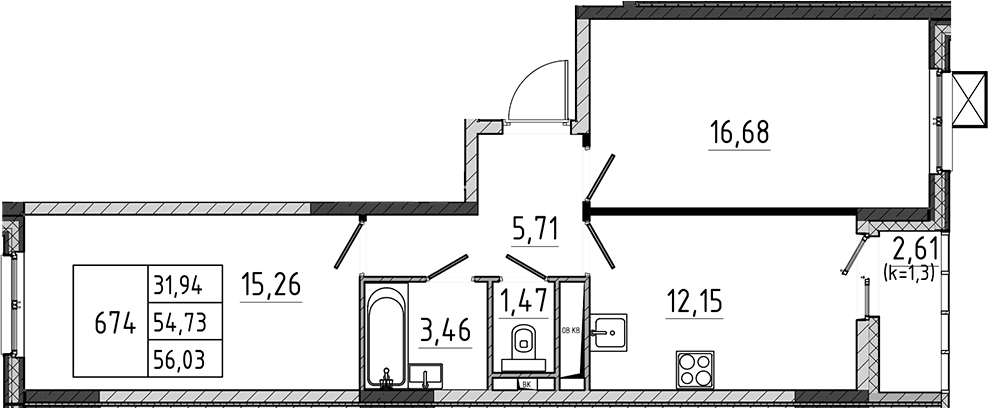 Планировка: 2-комнатная квартира 54,7 м² в ЖК «Поварово-Молодежный-2»