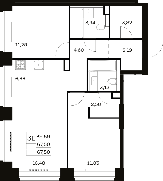 Планировка: Евротрёшка 67,5 м² в ЖК «НОВА»