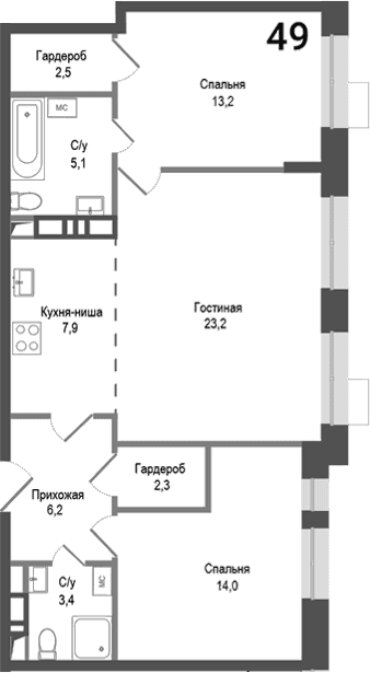 Планировка: Евротрёшка 77,8 м² в ЖК «Киноквартал»