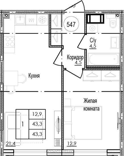 Планировка: Евродвушка 43,3 м² в ЖК «Парусная 1»