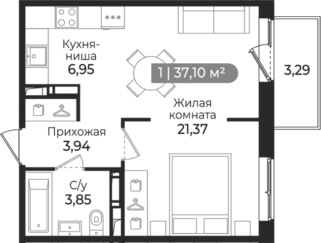 Планировка: Студия 36,1 м² в ЖК «Квинта»