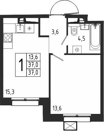Планировка: 1-комнатная квартира 37 м² в ЖК «Берег»