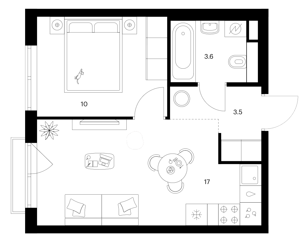 Планировка: 1-комнатная квартира 34,1 м² в ЖК «Москворечье»