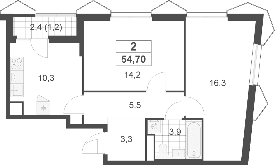 Планировка: 2-комнатная квартира 53,5 м² в ЖК «Деснаречье»