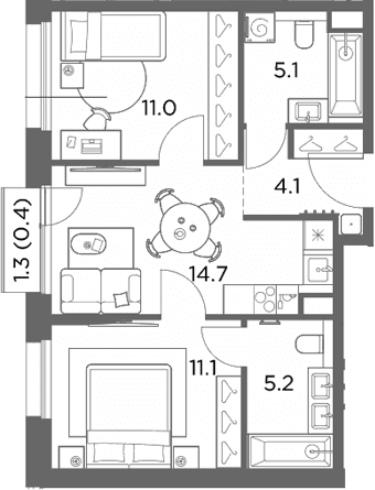 Планировка: 2-комнатная квартира 51,2 м² в ЖК «Станиславский»