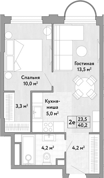Планировка: Евродвушка 40,2 м² в ЖК «Новые Смыслы»