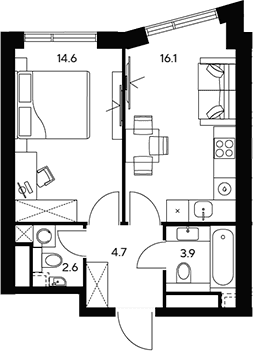 Планировка: 1-комнатная квартира 41,9 м² в ЖК «НЕКСУС от Аквилон»