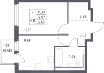 Планировка: 1-комнатная квартира 32,1 м² в ЖК «Невская Долина»