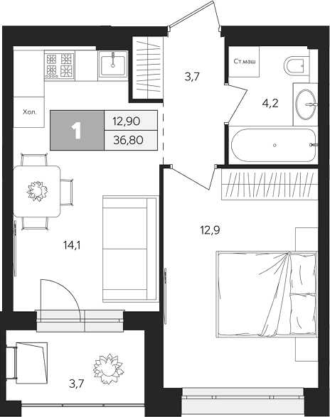Планировка: 1-комнатная квартира 35 м² в ЖК «Ласточкино»