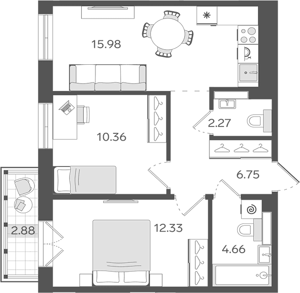 Планировка: Евротрёшка 52,4 м² в ЖК «СТАВНИ Обводный»