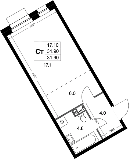 Планировка: Студия 31,9 м² в ЖК «Кореневский Форт 2.3»