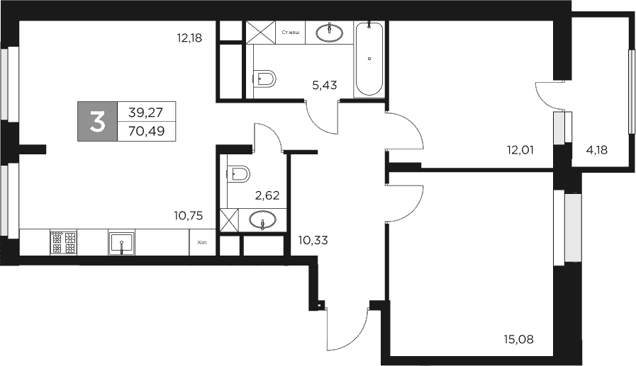 Планировка: Евротрёшка 68,4 м² в ЖК «Восток 2»