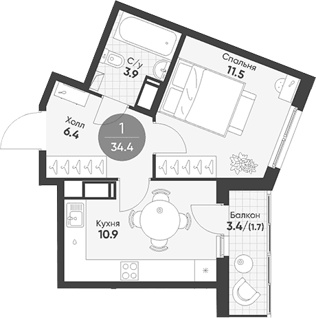 Планировка: 1-комнатная квартира 32,7 м² в ЖК «Клюква.Парк»