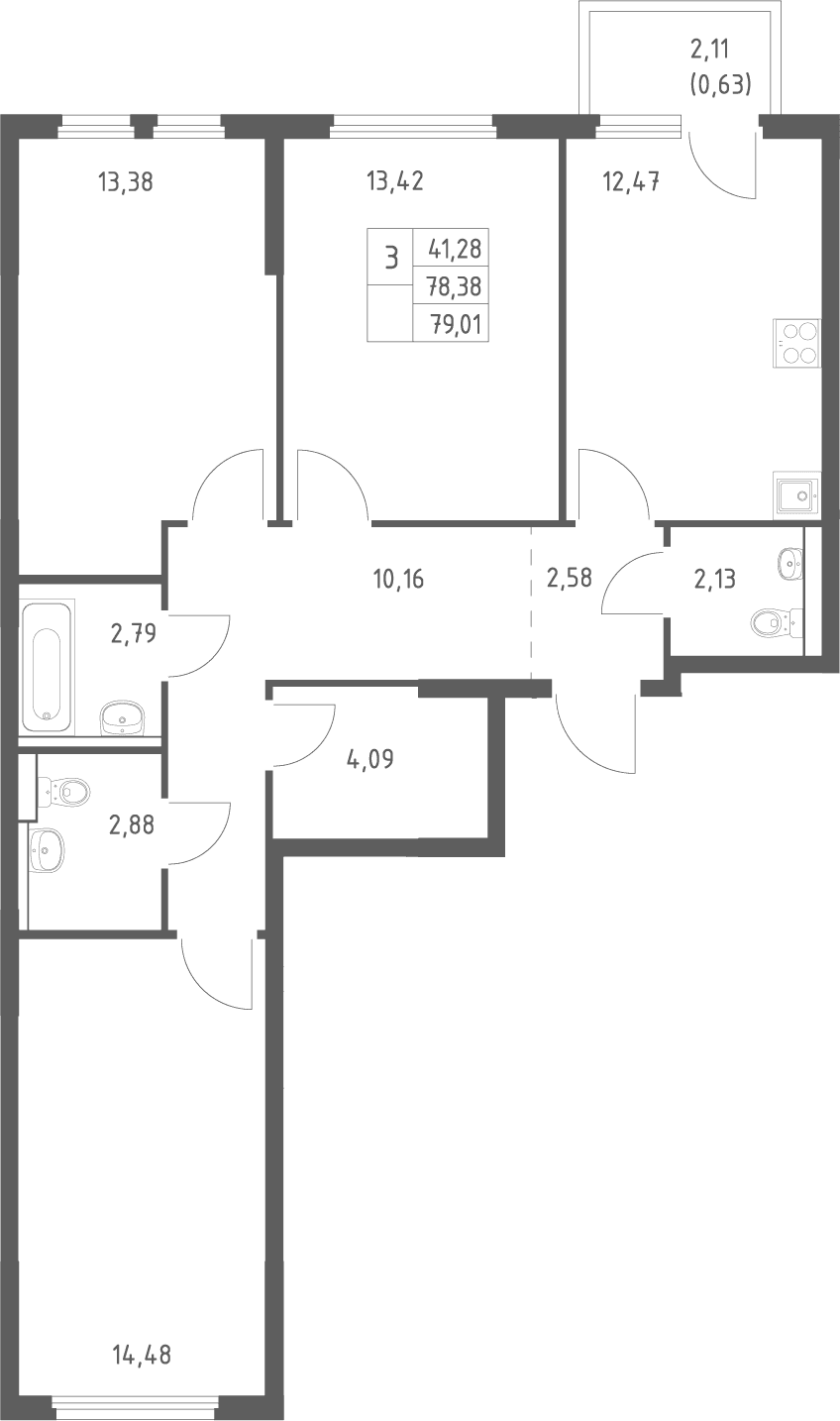 Планировка: 3-комнатная квартира 78,4 м² в ЖК «Пригород Лесное»