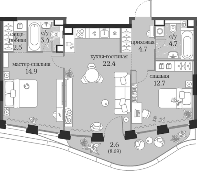 Планировка: 2-комнатная квартира 65,3 м² в ЖК «Муза»