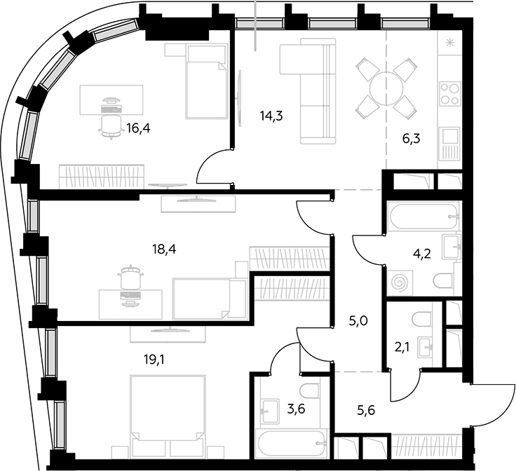 Планировка: Квартира евро-4 95 м² в ЖК «Дом 56»