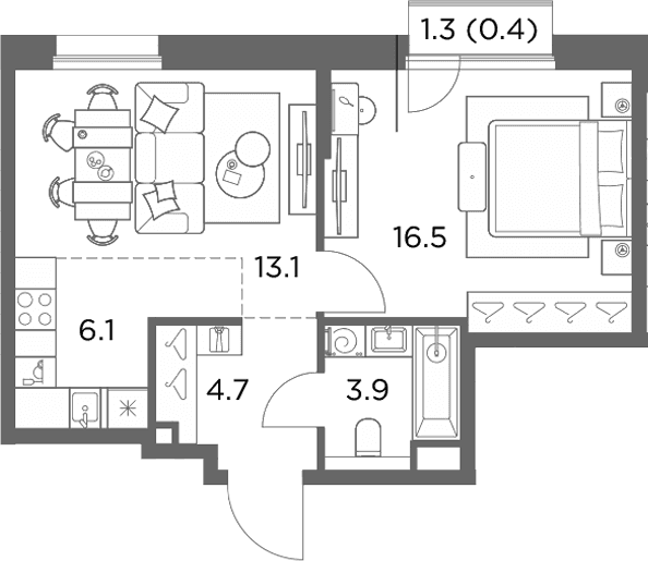 Планировка: Евродвушка 44,3 м² в ЖК «Станиславский»