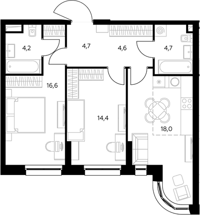 Планировка: Евротрёшка 67,6 м² в ЖК «Адмирал»